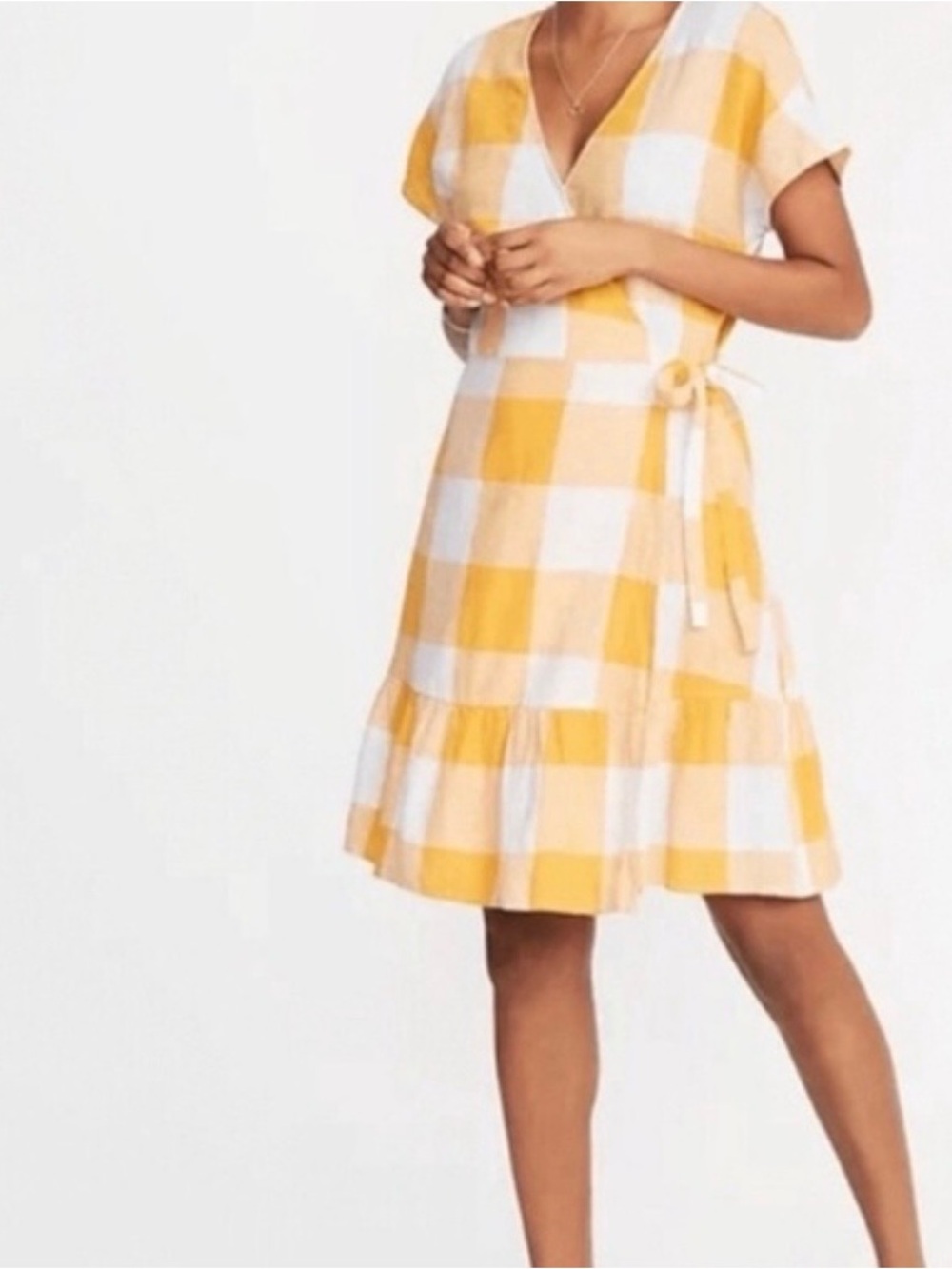 Old Navy Yellow & White Checker Wrap Mini Dress Large
